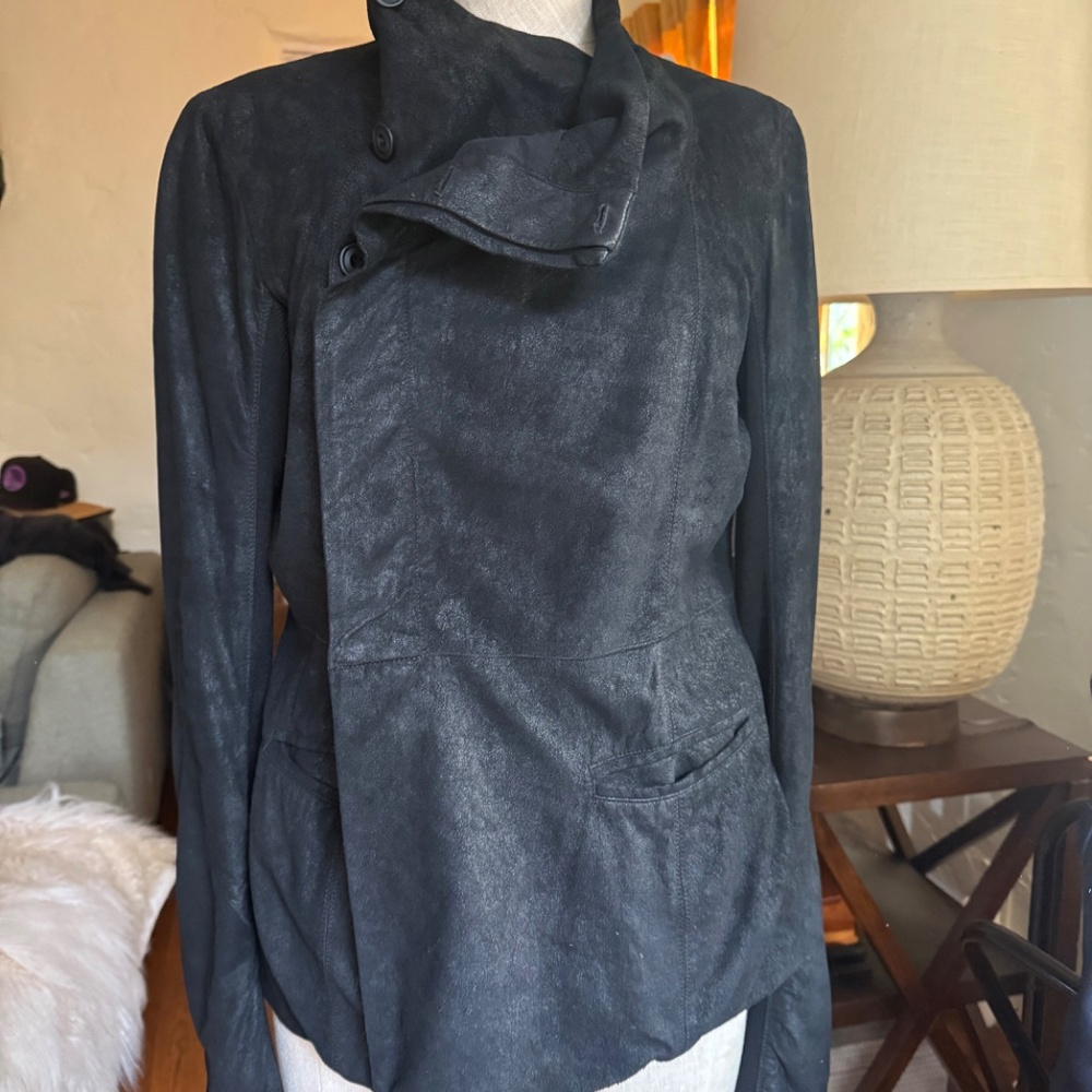 Rick Owens funnel neck black leather asymmetrical Jacket